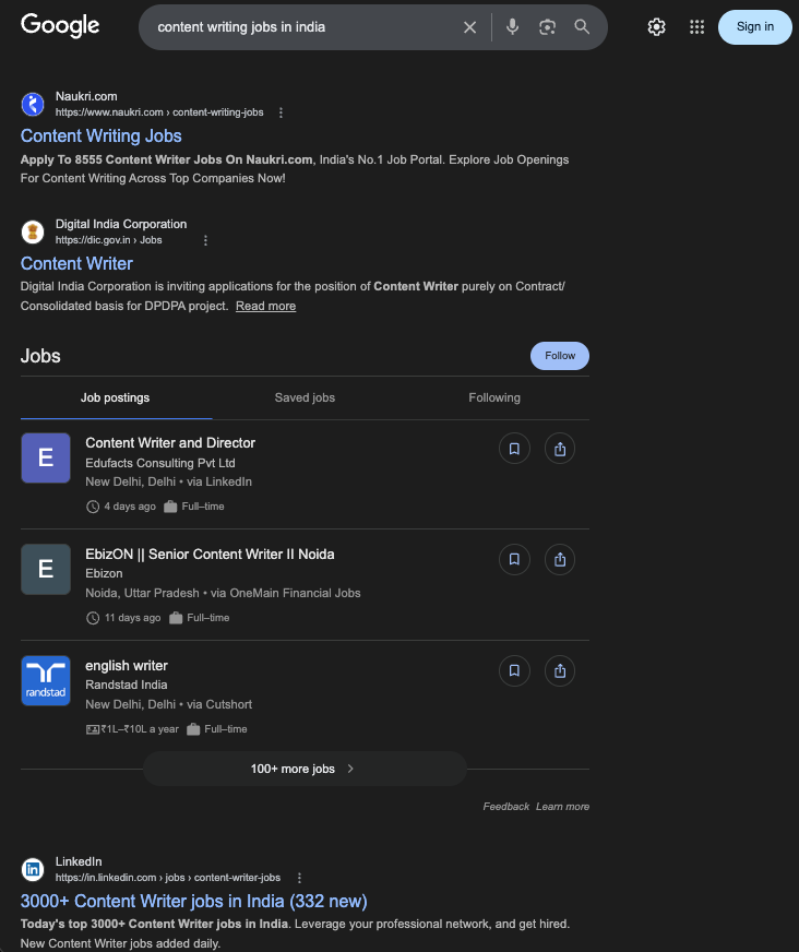 Google results showing content writing jobs in India