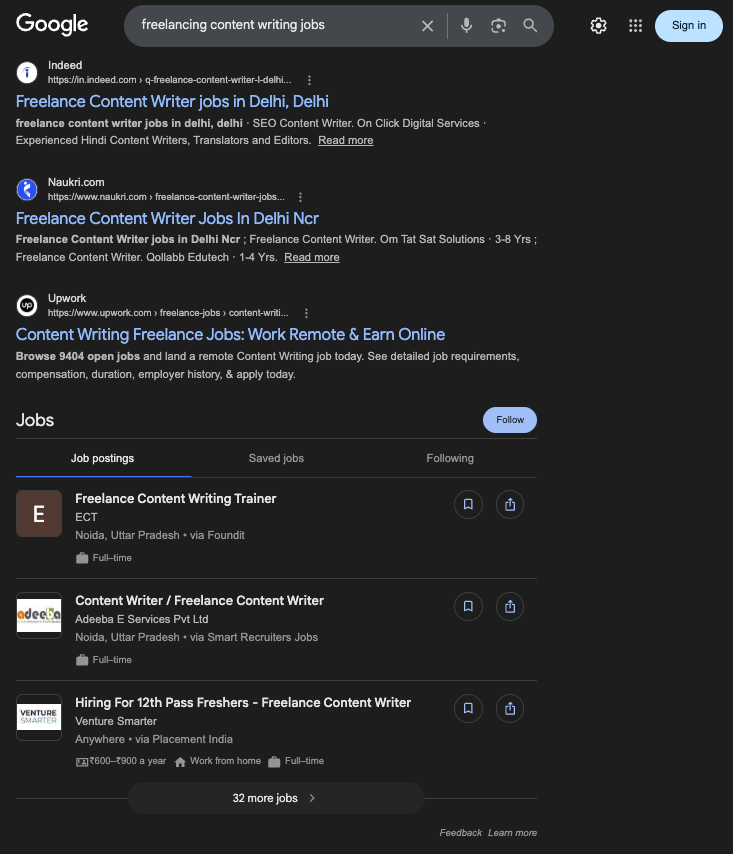 Google results showing freelance content writing jobs